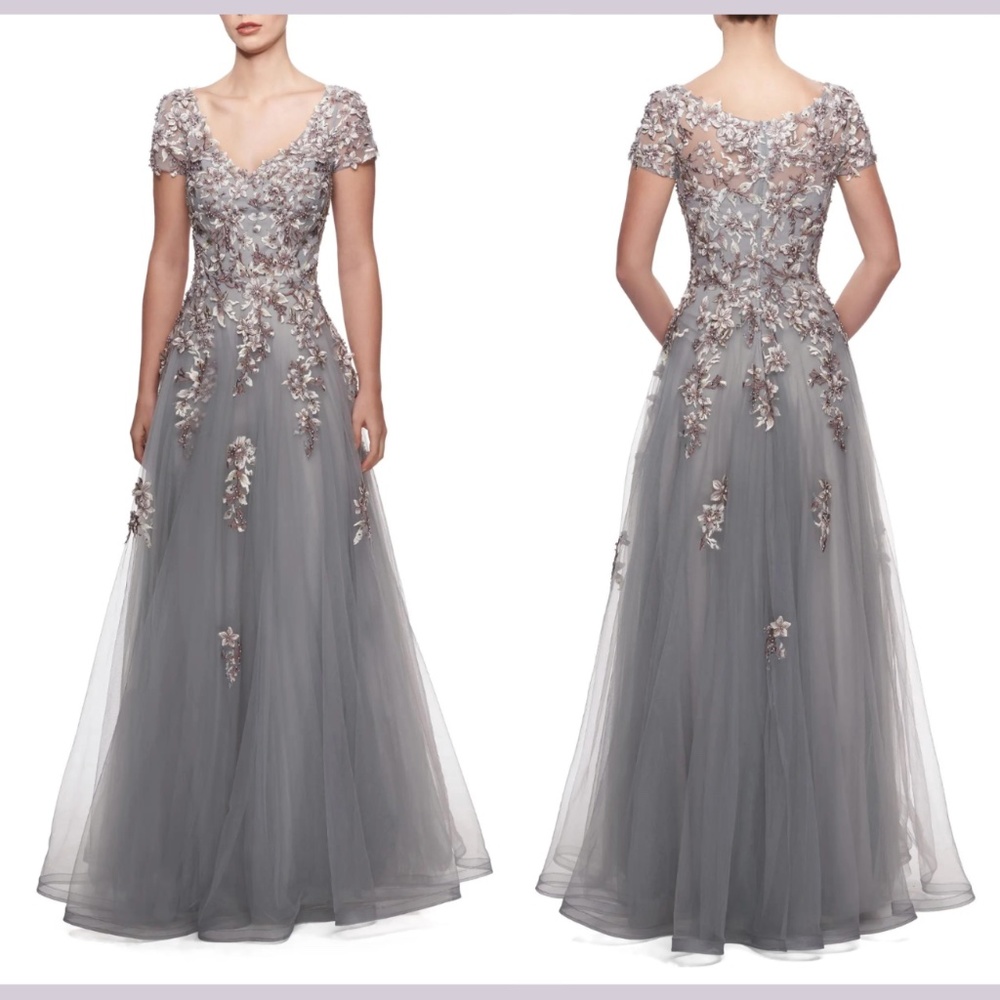 NWT $639 La‎ Femme [ 10 ] Embroidered & Beaded Ballgown in Gray